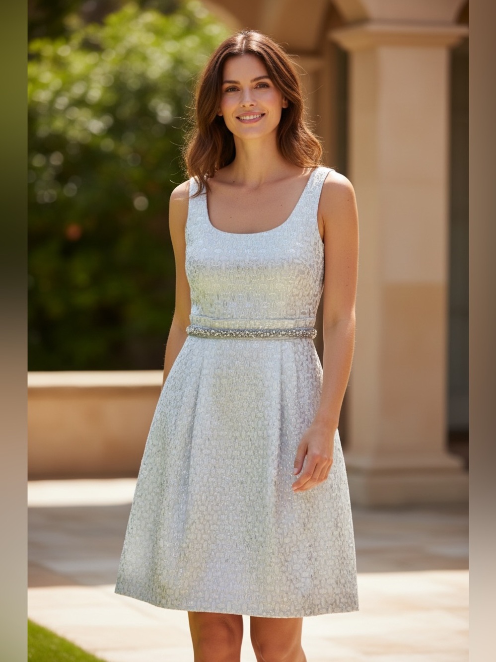 Kay Unger White/Silver Textured Beaded Waist Cocktail Dress